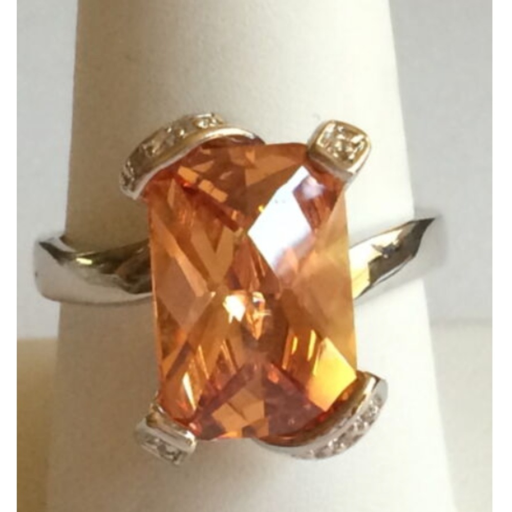 Silver Peach Topaz Art Deco Cocktail Ring Size 9 10 Cubic Zirconia Rhodium Plate